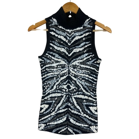 Cache Y2K Retro Sleeveless Embellished Top M Black Sequin Mock Neck Knit Tank - Picture 1 of 12
